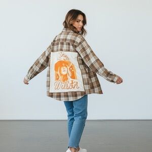 Plaid Brown flannel “Shacket”with Lainey Wilson graphic tee.